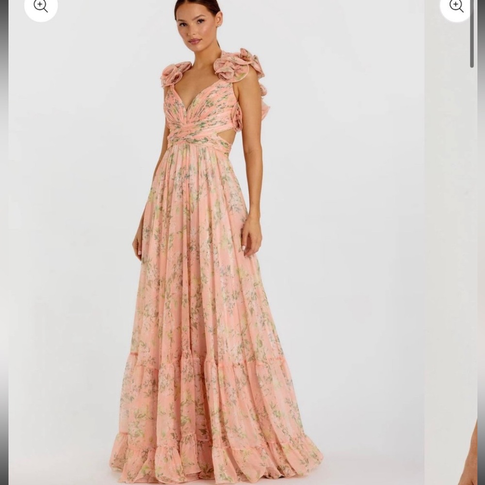 NWT Mac Duggal RUFFLE TIERED FLORAL CUT-OUT CHIFFON GOWN sz8 peach floral #67803